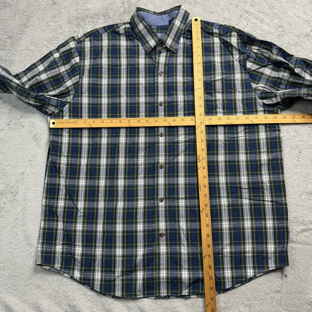 IZOD Mens XL Plaid Button Down Shirt Navy Blue Green White Long Sleeve Cotton